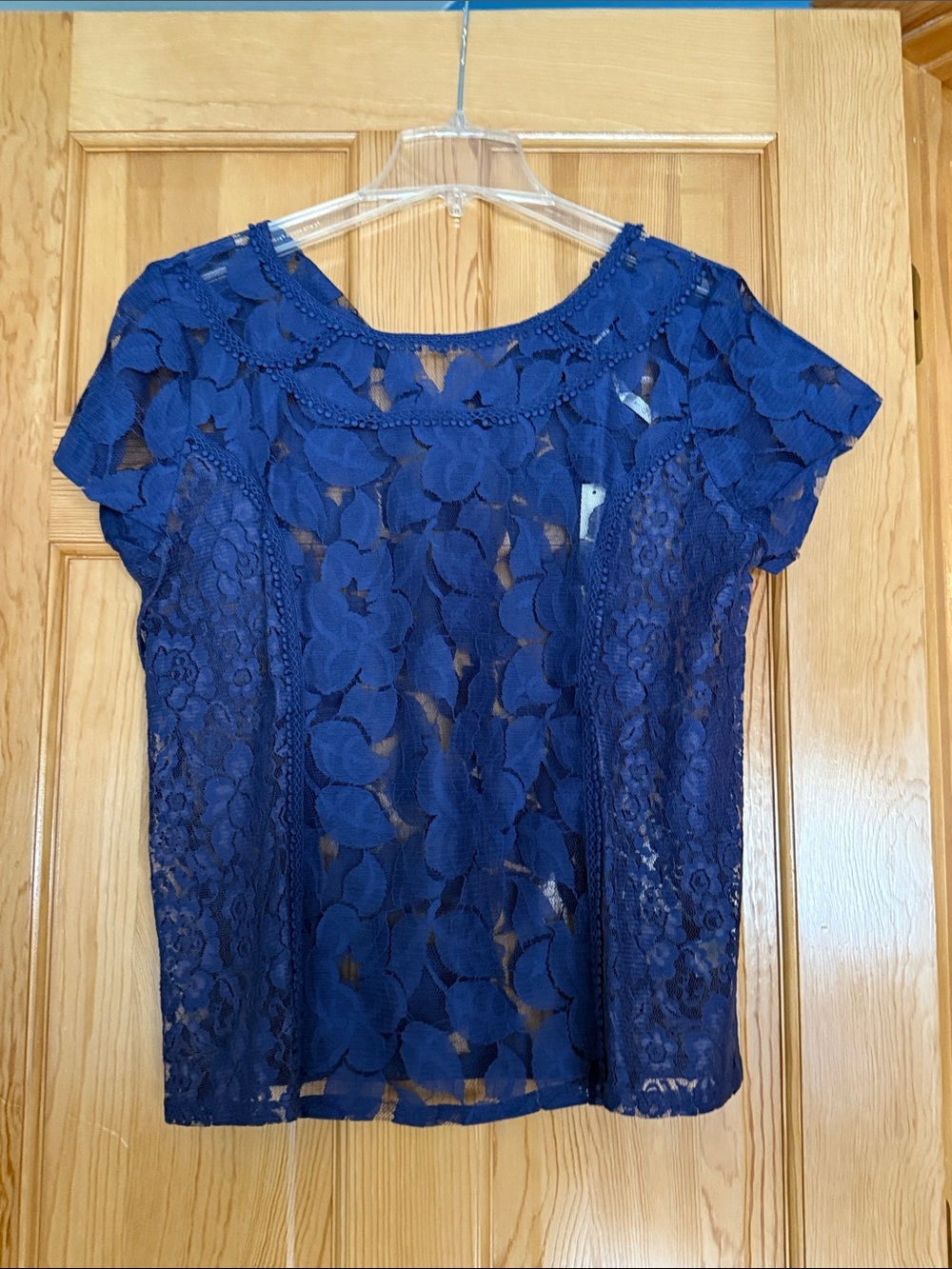 LC Lauren Conrad Navy Blue Floral Lace Short Sleeve Top
